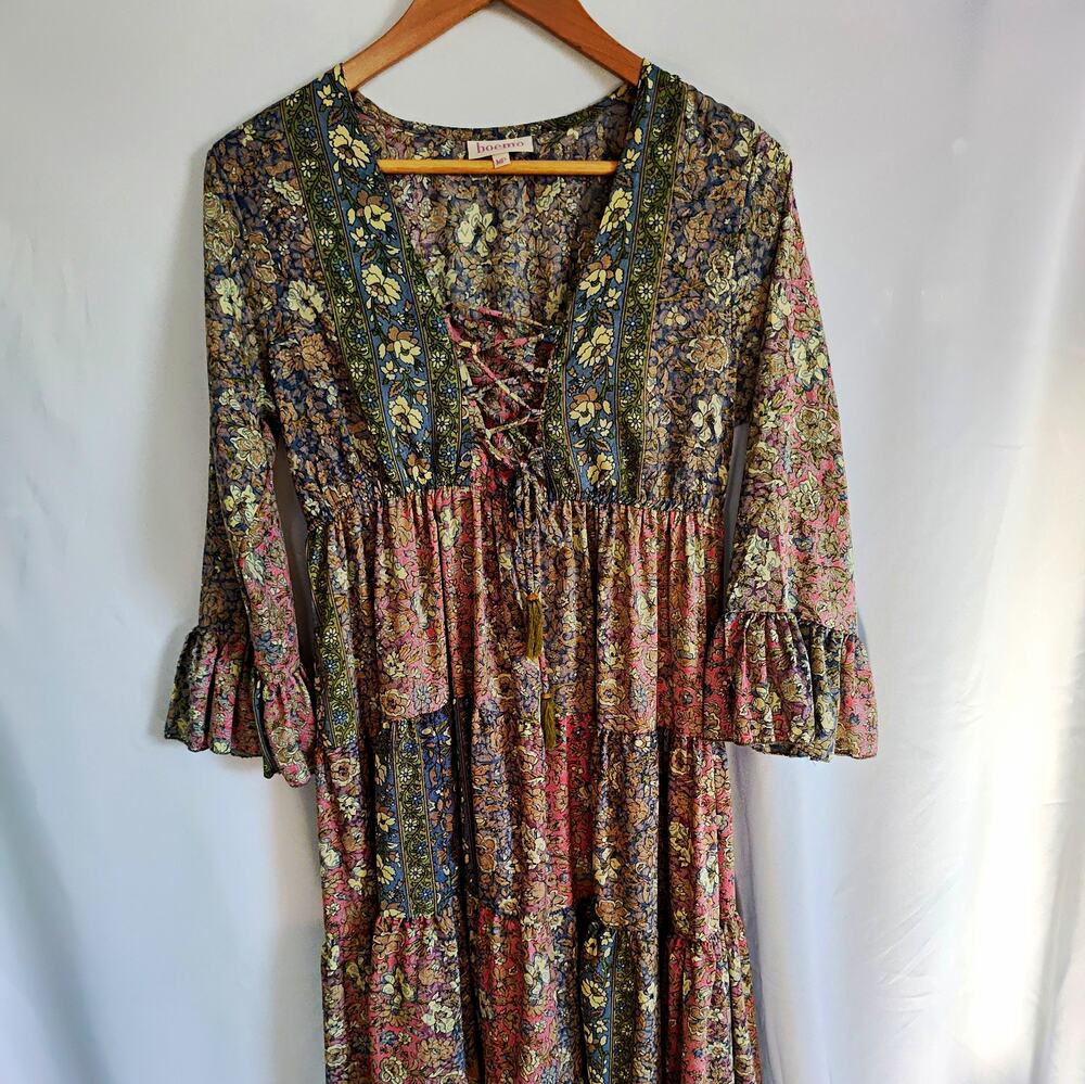 Boemo Floral Multicolor V-Neck 3/4 Bell Sleeve Tiered Maxi A-Line Dress MP